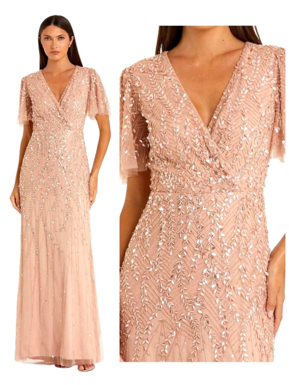 Mac Duggal 35109 Formal Nude Pink Beaded Sequin Gown Flutter Sleeve Maxi Dress 2